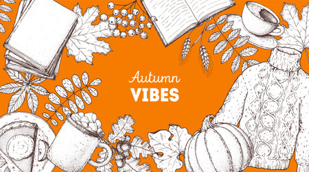Cozy autumn frame. hand drawn vector illustration. design elements. Set of books, twigs, leaves, pumpkin, sweater, maple leaf, coffee, hot drink, piece of pie, acorn. warm autumn. hand drawn sketch.のイラスト素材