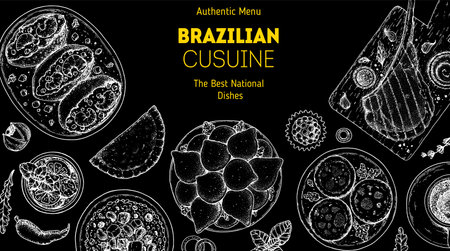 Brazilian food top view vector illustration. Food menu design template. Hand drawn sketch. Brazilian food menu. Traditional Brazilian cuisine. Acaraje, Pastel, Baiao de dois, Coxinhas, Empadinhaのイラスト素材