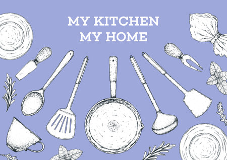 Kitchen, utensil, kitchenware sketch. Hand drawn sketches. Vector illustration. Spatula, ladle, pan, cheese knife, napkin hand drawing illustration.のイラスト素材