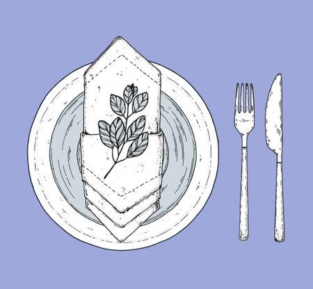 Cutlery set. Plate with napkin, fork and knife sketch. Top view. Hand drawn vector illustration. Vintage sketch. Table setting.のイラスト素材