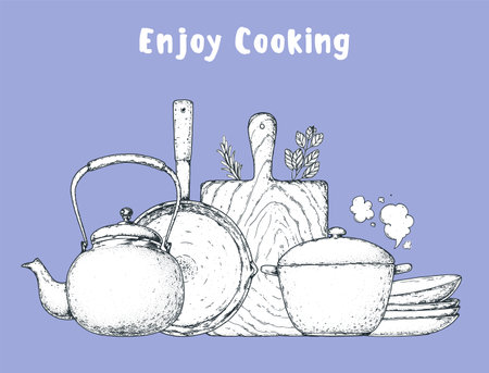 Composition of kitchen utensils. Kitchenware vector illustration. Kitchen utensils hand drawn sketch. Plates, cutting board, kettle, stewpot, frying pan.のイラスト素材