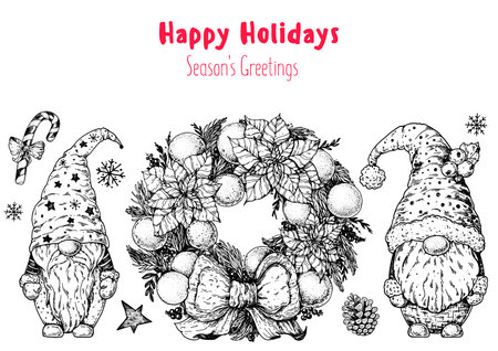 Christmas illustration with nisse gnome and Christmas wreath. hand drawn vector illustration. happy holidays. Ink drawing, sketch style. design elements.のイラスト素材