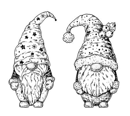 Scandinavian gnome sketch illustration. engraved style. hand drawn vector illustration. Christmas design element.のイラスト素材