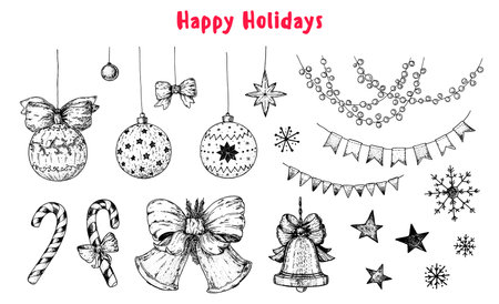 Christmas bells, lollipop stick, holiday garlands, Christmas balls toys, snowflakes. hand drawn sketch. vector illustration.のイラスト素材