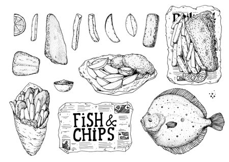 Fish and chips sketch vector illustration. british pub food. Hand drawn sketch collection. Cooking fish and chips. Engraved hand drawn vintage image. Menu design template.のイラスト素材