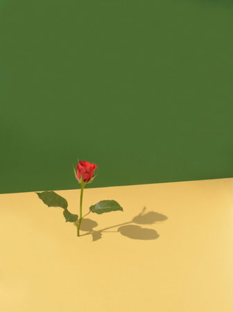 A rose with shadow standing upright on a vertical background.  Green color in the background.の写真素材