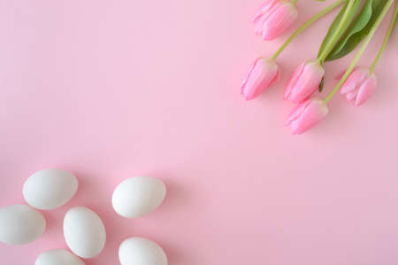 Pink tulips and white eggs on a pink background. Easter concept 2021. Simple stll life  arrangement .の写真素材