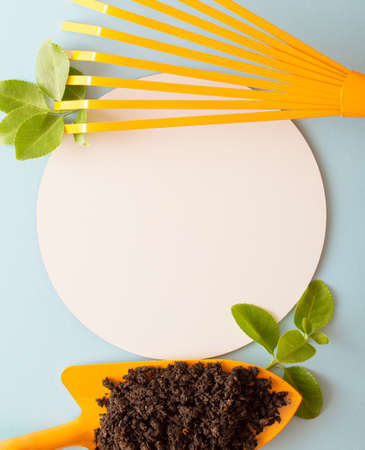 Dig and on the other side are rakes and plants with a white circle for copy space on a blue background. Garden concept.の写真素材