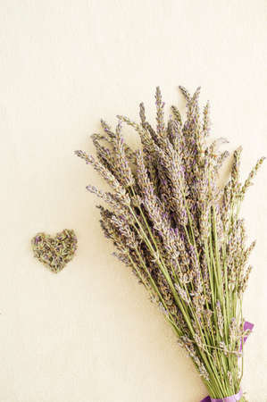 A bouquet of lavender on a delicate white plush background  with a small heart of lavender flowers next to it.の写真素材