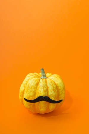 Natural authentic pumpkin with a mustache on an orange background. Monochromatic colors. Halloween surreal face conceptの写真素材
