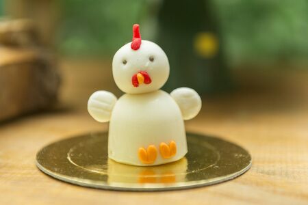 Kids Party Decoration - Farm Theme. Shaped candy personalized. Cake table detail. Handmade sweets with great care. Childhood and joy concept. Copy space Selective focus.の写真素材