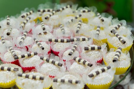 Closeup of typical Brazil coconut candies covered by chocolate shavings. Delicious children's party candy. Selective focus with blur.の写真素材