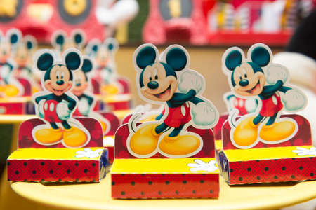 Florianopolis, Brazil - February, 2, 2020: Sweet table decoration in children's party with Mickey Mouse theme. Reception for birthday party. A colorful decoration for a boy anniversary party.のeditorial素材