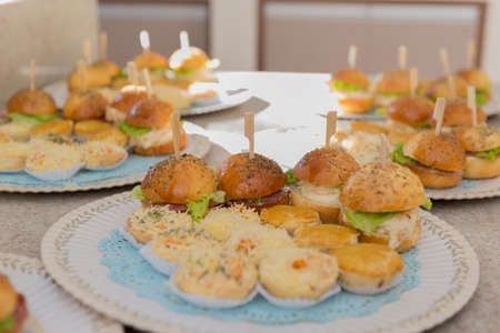 Trays with sandwiches and salted.