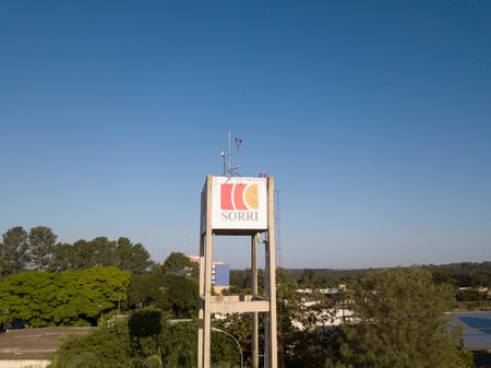 Bauru, Brazil. August 02, 2020: Cement water tank at the SORRI charity institution. Drone shot.のeditorial素材