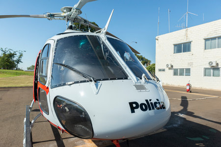 Bauru, Brazil. May 24, 2022: Front view of the helicopter model AS350 B2 of the military police of the State of SÃ£o Paulo. Helicopter used by the police to attend to occurrences in Bauru and regionのeditorial素材