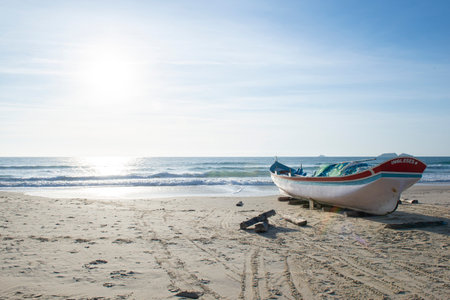 Boat moored at Praia dos Ingleses, FlorianÃ³polis, Brazil. Vessel used for fishing for mullet, a...