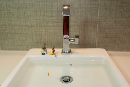 Bauru, Brazil. 7, June, 2022: Mini Figure of Happy Father and Son Fishing on the Edge of a White Bathroom Sink. Father and son with fishing rod in hands catching a fish in leisure timeのeditorial素材