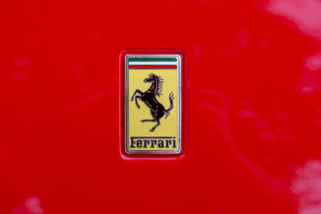 Atibaia - Brazil, October 7, 2022: Close up of Scuderia Ferrari symbol (Cavallino rampant) of a parked red Ferrari F8 Tributo. Ferrari is an Italian luxury sports car based in Maranello, Italyのeditorial素材