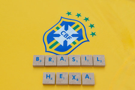 Bauru, Brazil - 11.01.23: Brazilian Football Confederation emblem on football jersey. Most times world champion selection shirt in football. Highlight for the shield of the shirt of the Brazilian teamのeditorial素材