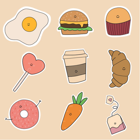 set of cute food stickers with facesのイラスト素材