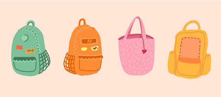 back to school : a set of backpacks for study. Vector flat illustrationのイラスト素材
