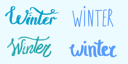 Set of word winter, winter lettering isolated on blue backgroundのイラスト素材