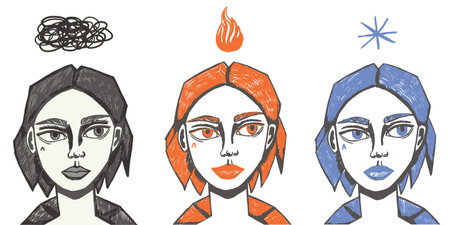set of girls with different emotions isolated on a white backgroundのイラスト素材