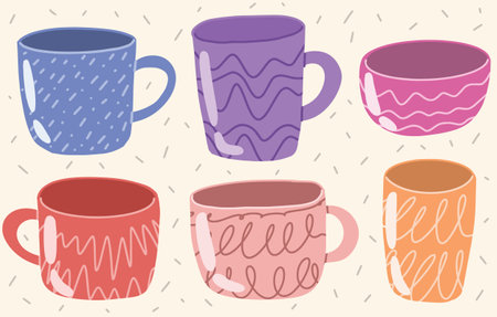 Cartoon colorful cups. Vintage teacup, coffee cup and kitchen mugのイラスト素材