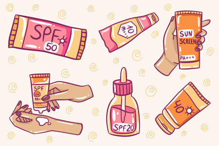 Sun safety collection. Set of sunscreen cosmetic bottles with SPF