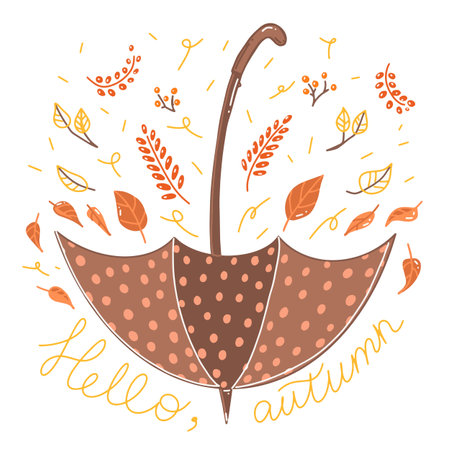 umbrella with autumn foliage, autumn card on a white backgroundのイラスト素材