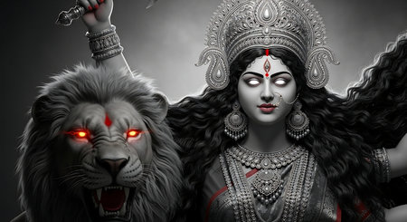 Goddess Durga with Lion ,Fierce Hindu Goddess Durga ,Hindu Mythology Durga ,Divine Feminine Goddess Durga ,Spiritual Durga Hindu Deity Illustration ,Powerful Devi Durga .の素材