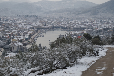 Snow in Vela Luka, Korcula Island Croatiaの写真素材