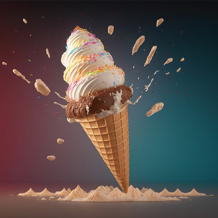delicious Ice cream in wafer cone with chocolate topping. sweet dessert, milk splash, closeup, Food photography, melting ice cream, cinematic, generative aiの素材