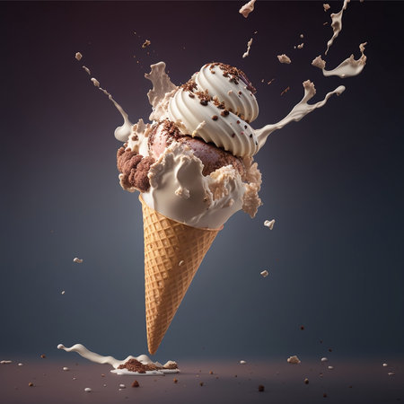delicious Ice cream in wafer cone with chocolate topping. sweet dessert, milk splash, closeup, Food photography, melting ice cream, cinematic, generative aiの素材