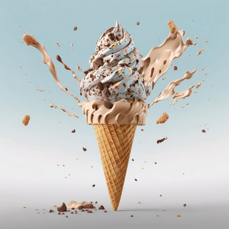 delicious Ice cream in wafer cone with chocolate topping. sweet dessert, milk splash, closeup, Food photography, melting ice cream, cinematic, generative aiの素材