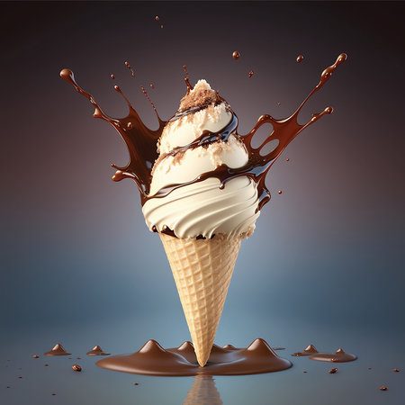 delicious Ice cream in wafer cone with chocolate topping. sweet dessert, milk splash, closeup, Food photography, melting ice cream, cinematic, generative aiの素材