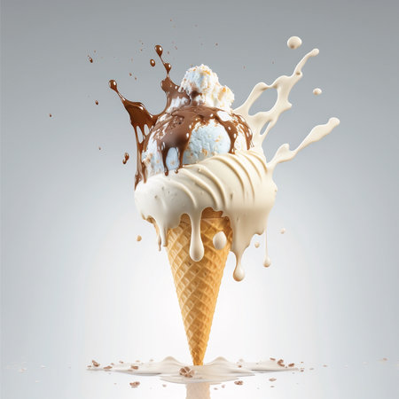 delicious Ice cream in wafer cone with chocolate topping. sweet dessert, milk splash, closeup, Food photography, melting ice cream, cinematic, generative aiの素材