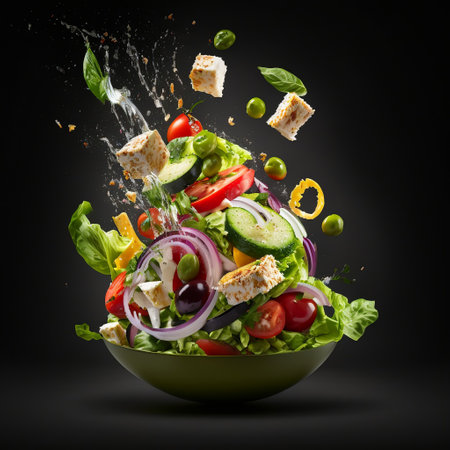 Photo greek salad in dark black studio background. fresh tomato, bread, cucumber, cheese, and onion floating salad. generative aiの素材
