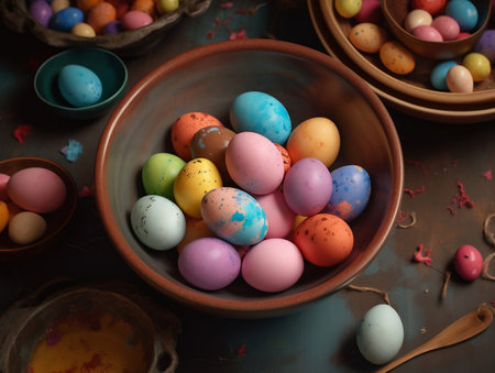 Front view of colourful wax painted easter eggs in bowl on wooden table. dark background. spring holiday. generative aiの素材