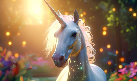 Mythical unicorn in nature. fairy tale magical unicorn. inspiring dreamy digital illustration. generative aiの素材