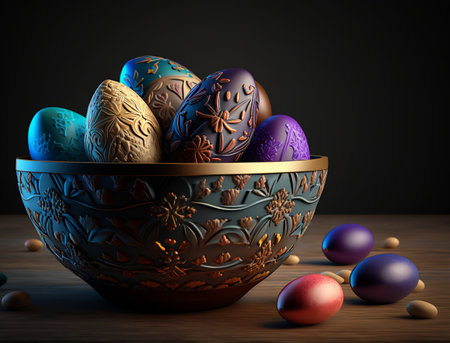 Front view of colorful wax painted easter eggs in bowl on wooden table. dark background. spring holiday. generative aiの素材