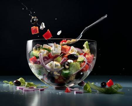 Photo greek salad in dark black studio background. fresh tomato, bread, cucumber, cheese, and onion floating salad. generative aiの素材