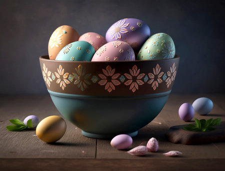 Front view of colorful wax painted easter eggs in bowl on wooden table. dark background. spring holiday. generative aiの素材