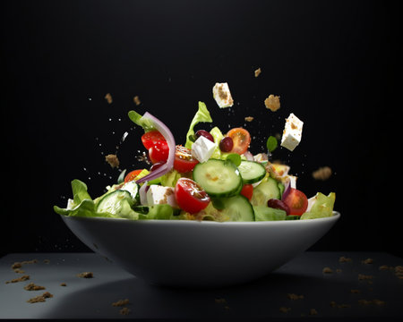 Photo greek salad in dark black studio background. fresh tomato, bread, cucumber, cheese, and onion floating salad. generative aiの素材