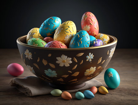 Front view of colorful wax painted easter eggs in bowl on wooden table. dark background. spring holiday. generative aiの素材