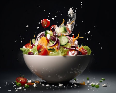 Photo greek salad in dark black studio background. fresh tomato, bread, cucumber, cheese, and onion floating salad. generative aiの素材