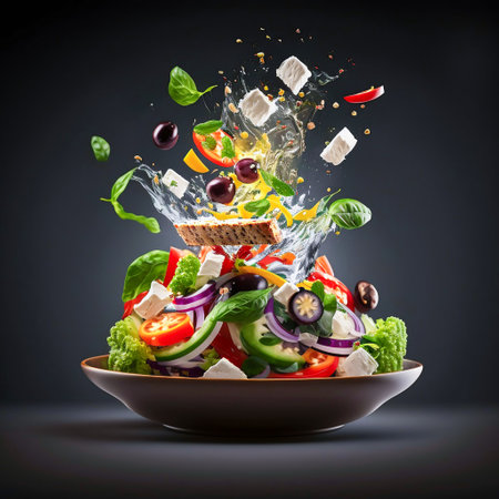 Photo greek salad in dark black studio background. fresh tomato, bread, cucumber, cheese, and onion floating salad. generative aiの素材