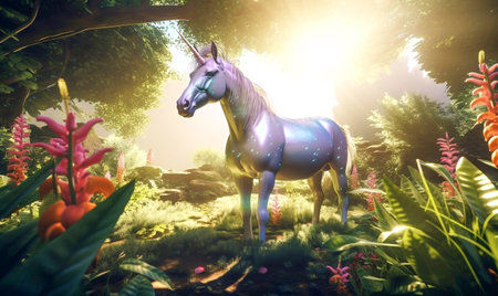 Mythical unicorn in nature. fairy tale magical unicorn. inspiring dreamy digital illustration. generative aiの素材