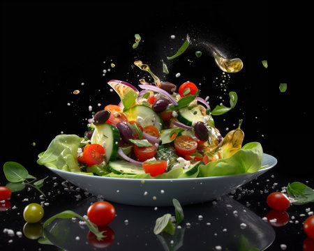 Photo greek salad in dark black studio background. fresh tomato, bread, cucumber, cheese, and onion floating salad. generative aiの素材
